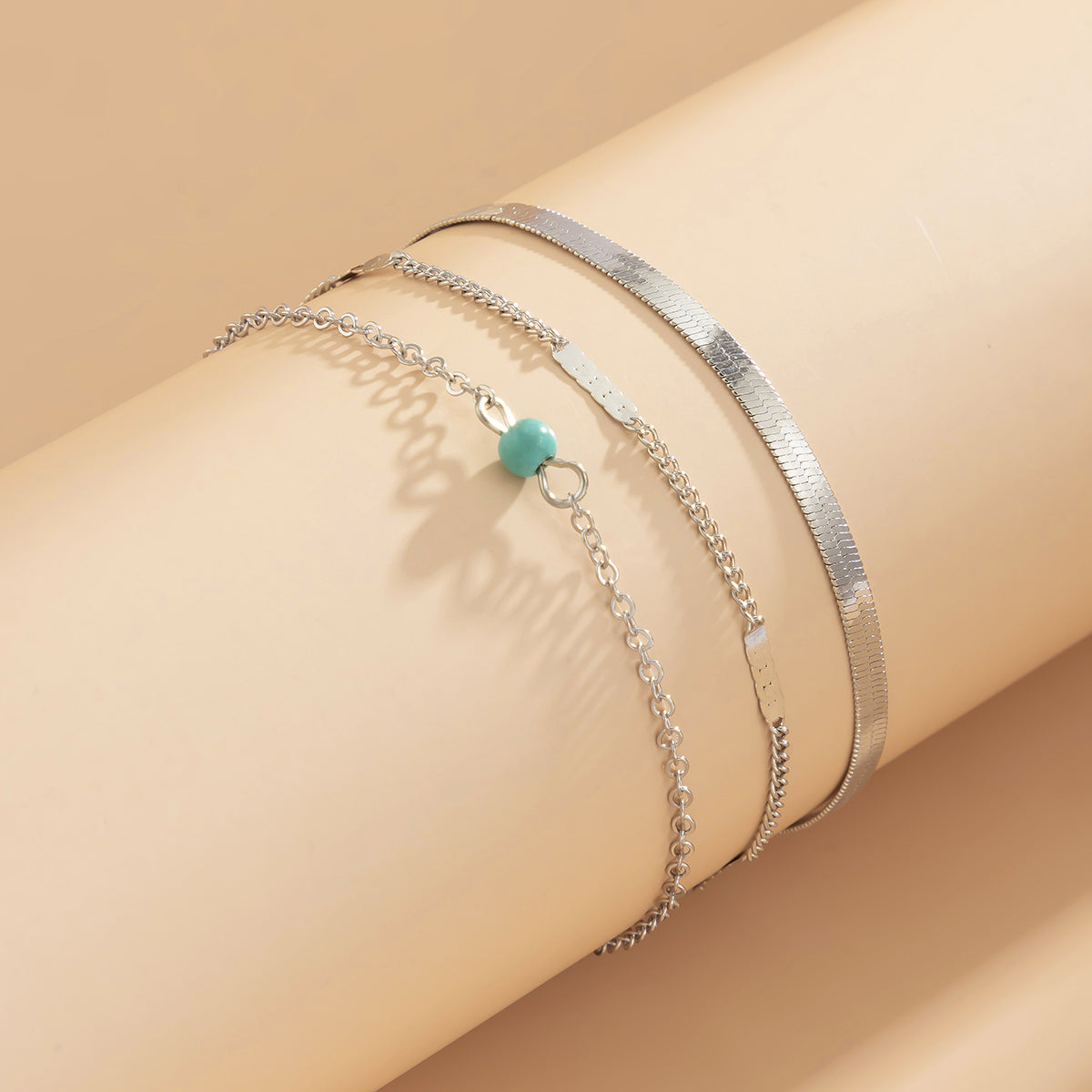 Turquoise & Silver-Plated Anklet Set