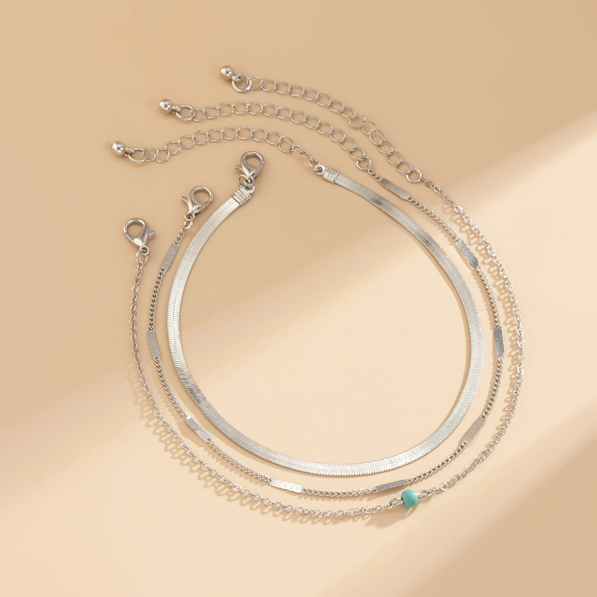 Turquoise & Silver-Plated Anklet Set