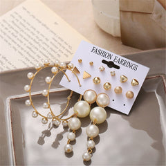 Cubic Zirconia & Pearl 18K Gold-Plated Round Earrings Set