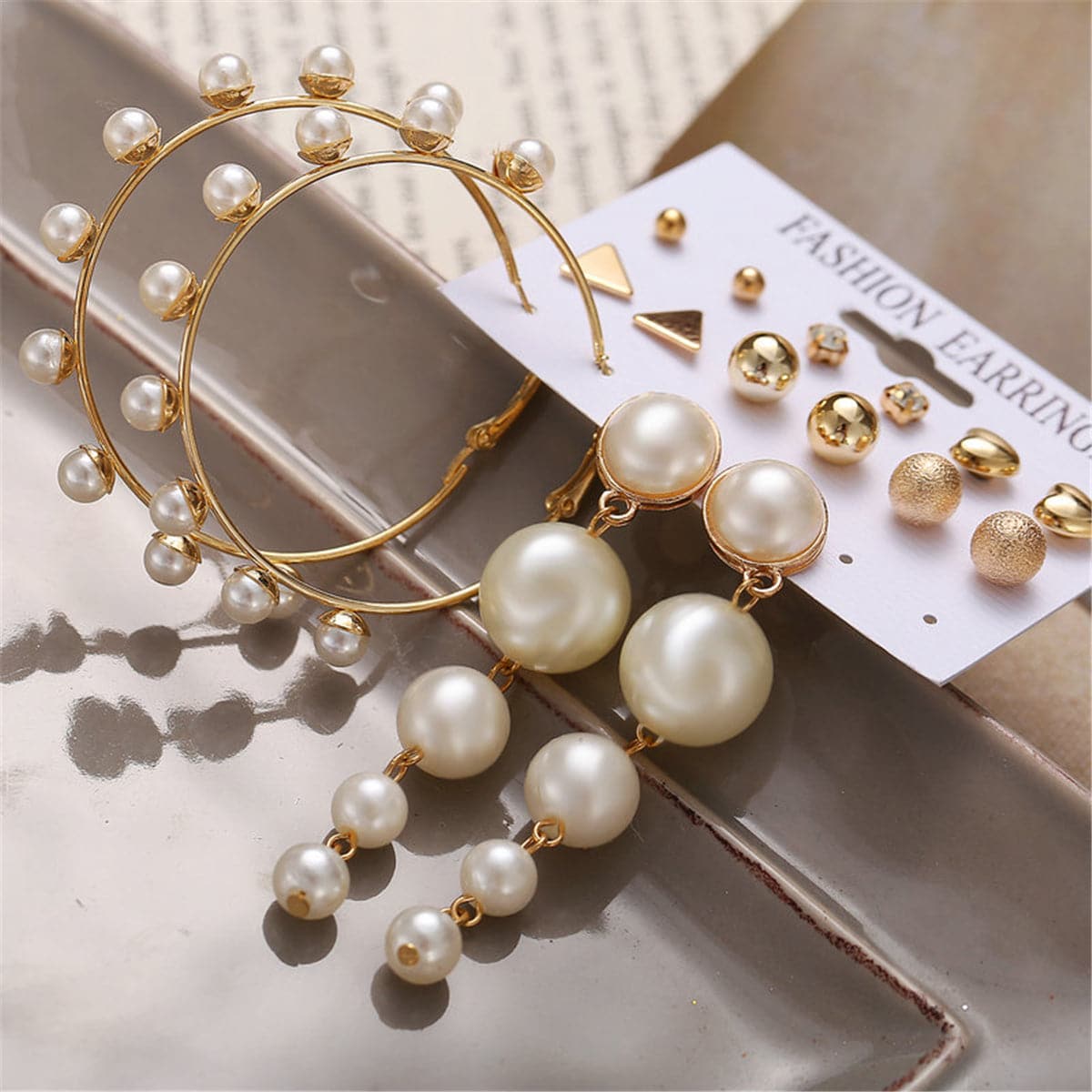 Cubic Zirconia & Pearl 18K Gold-Plated Round Earrings Set