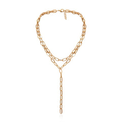 Stylish 18K gold-plated chain necklace featuring a long lariat design and a unique link, ideal for layering.