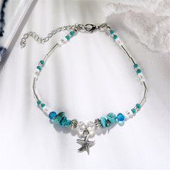 Turquoise & Acrylic Silver-Plated Beaded Starfish Charm Anklet