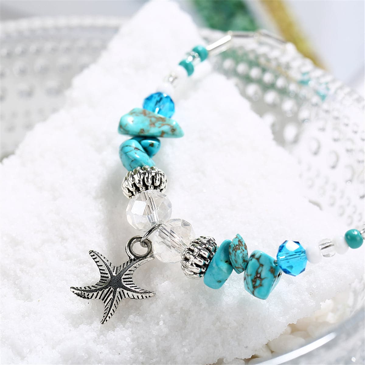 Turquoise & Acrylic Silver-Plated Beaded Starfish Charm Anklet