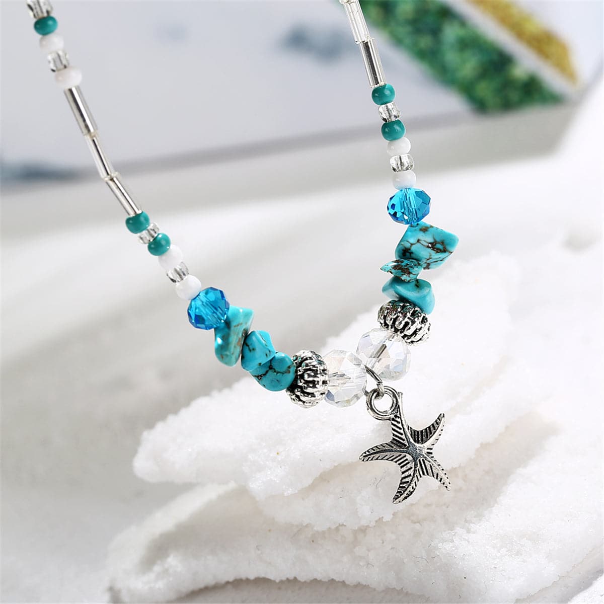 Turquoise & Acrylic Silver-Plated Beaded Starfish Charm Anklet