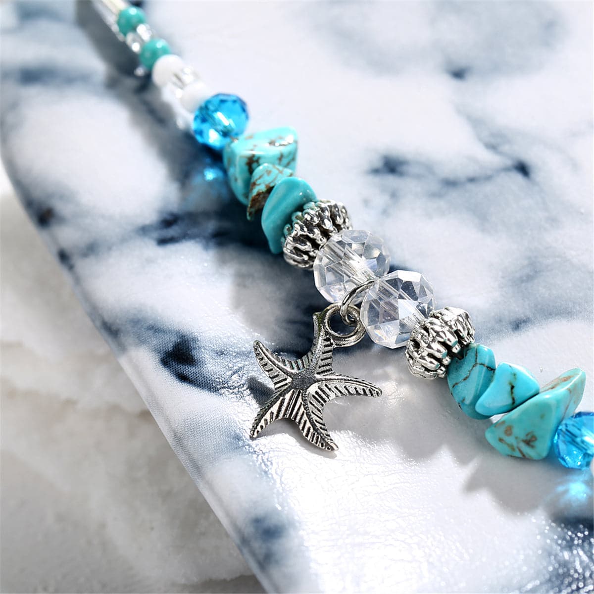 Turquoise & Acrylic Silver-Plated Beaded Starfish Charm Anklet