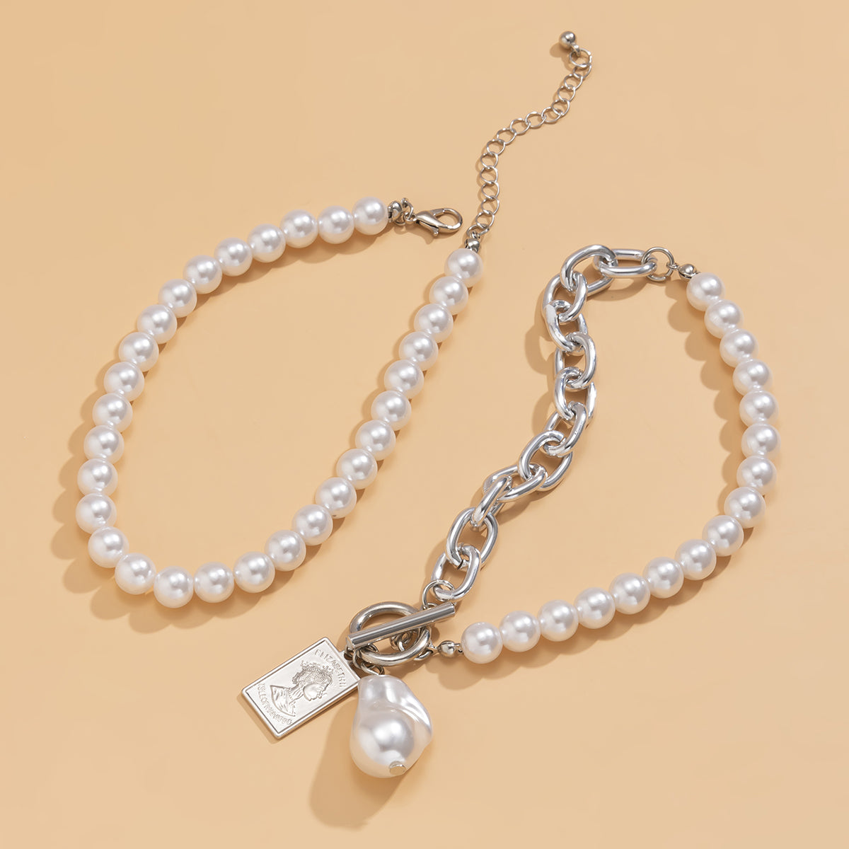 Pearl & Silver-Plated Lock Anklet Set