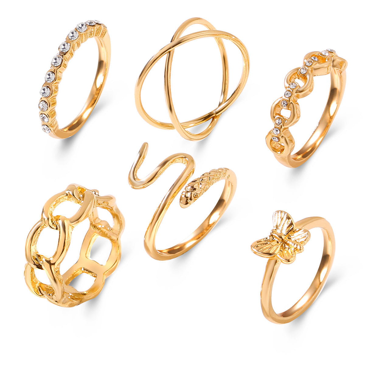 Cubic Zirconia & 18K Gold-Plated Butterfly Snake Ring Set