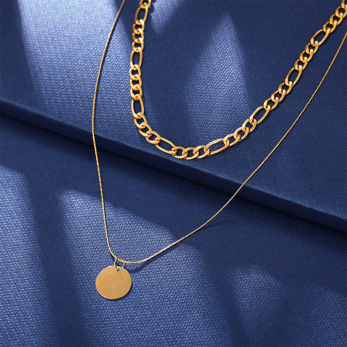 Two elegant 18K gold-plated chain necklaces featuring a stylish disc pendant for a chic layered look.