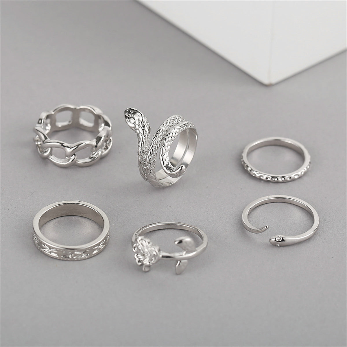 Silver-Plated Rose Snake Ring Set