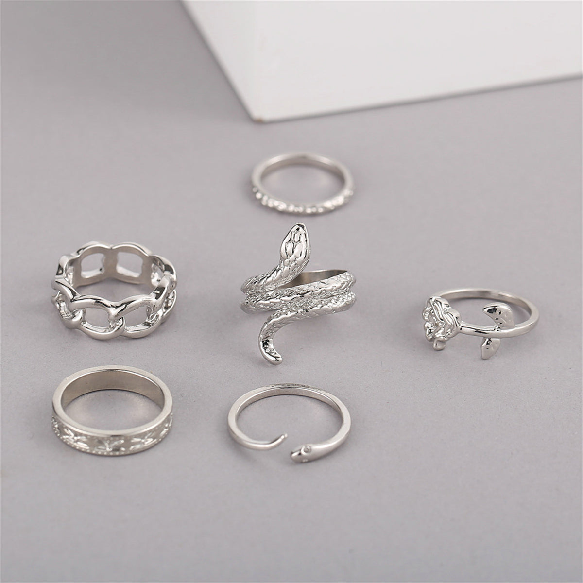 Silver-Plated Rose Snake Ring Set