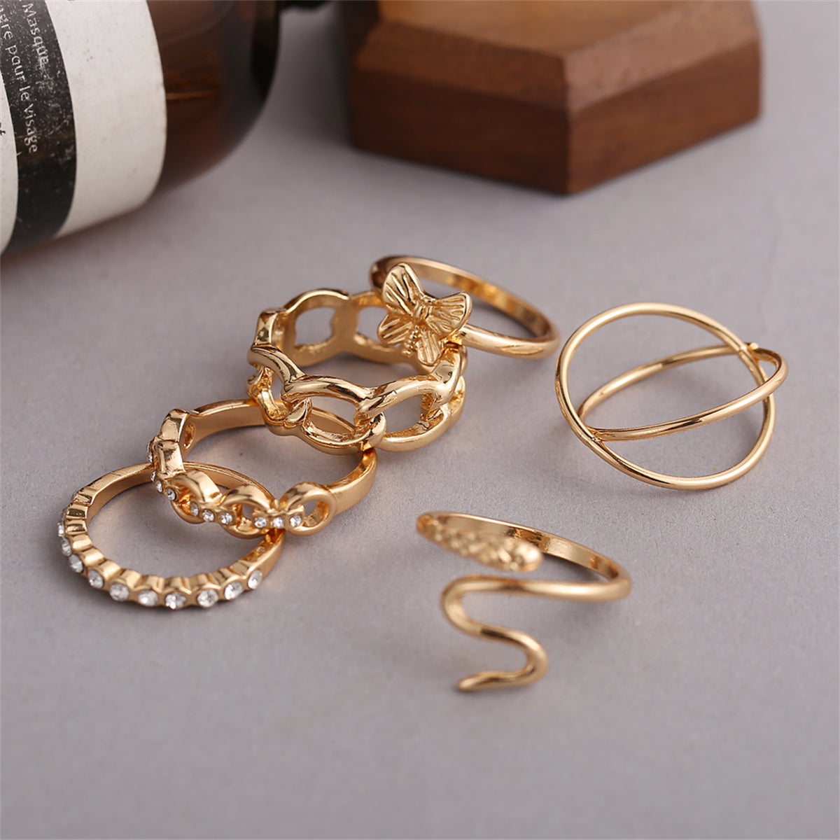 Cubic Zirconia & 18K Gold-Plated Butterfly Snake Ring Set