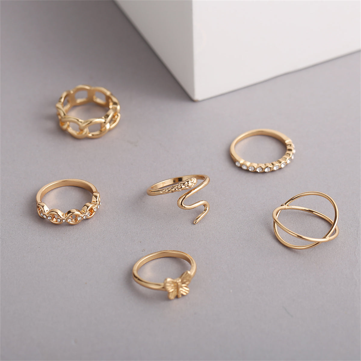 Cubic Zirconia & 18K Gold-Plated Butterfly Snake Ring Set