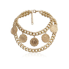 Chic gold chain necklace with four decorative coins, showcasing a luxurious 18K gold-plated design for a bold look.