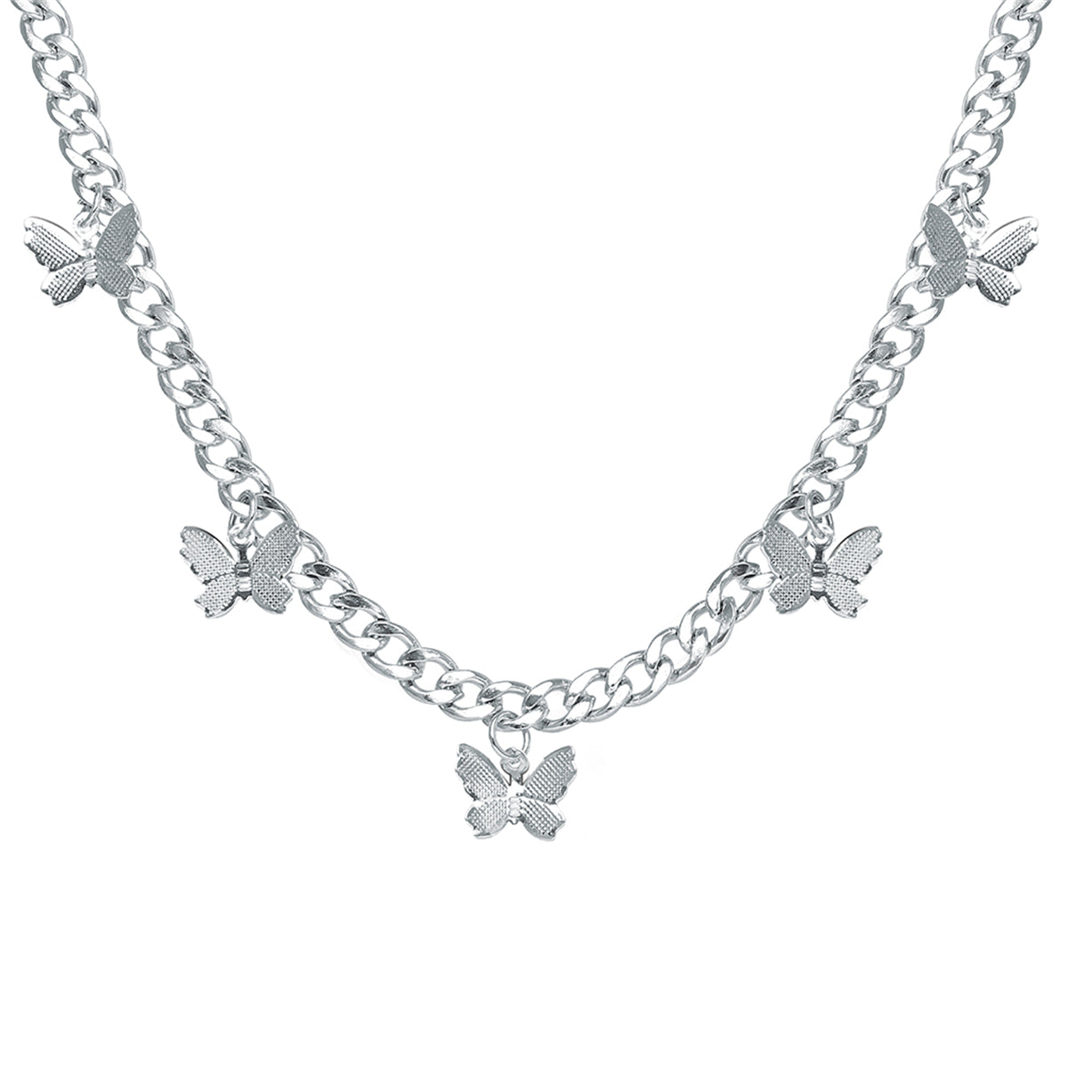 Silver-Plated Curb Chain Butterfly Station Choker Necklace