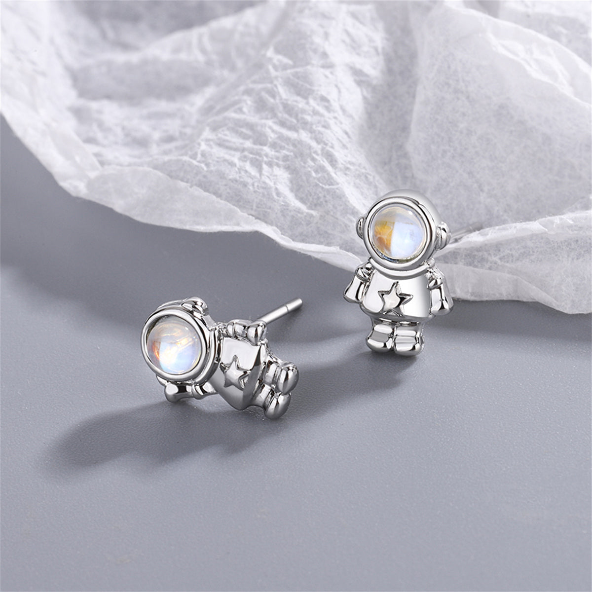 Moonstone & Silver-Plated Astronaut Stud Earrings