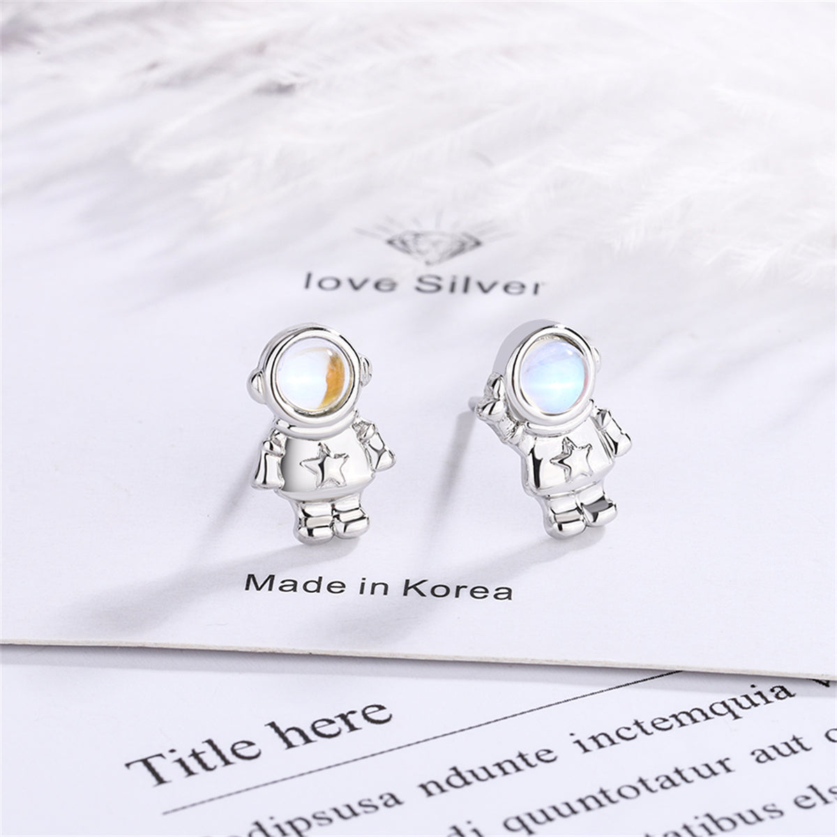 Moonstone & Silver-Plated Astronaut Stud Earrings