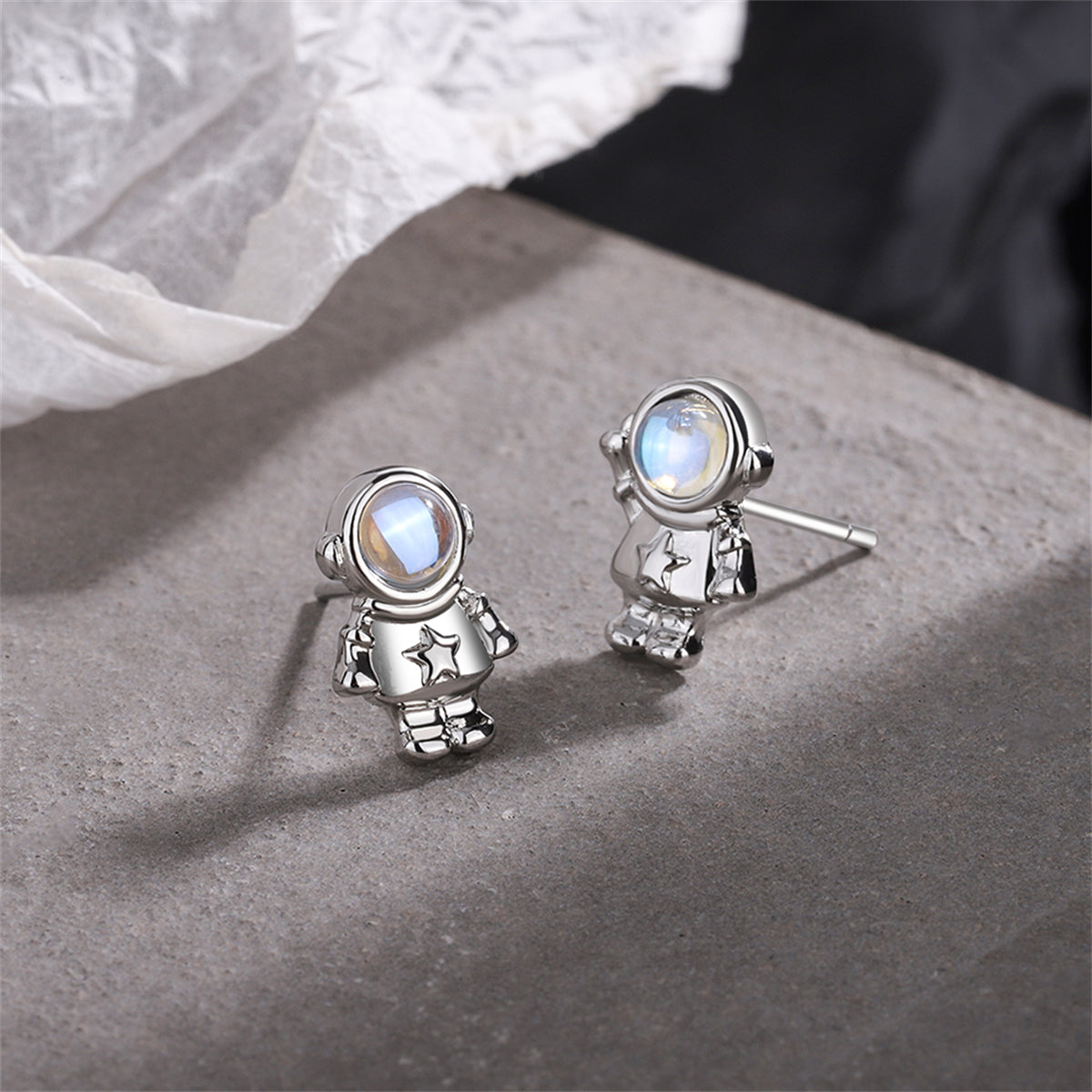 Moonstone & Silver-Plated Astronaut Stud Earrings