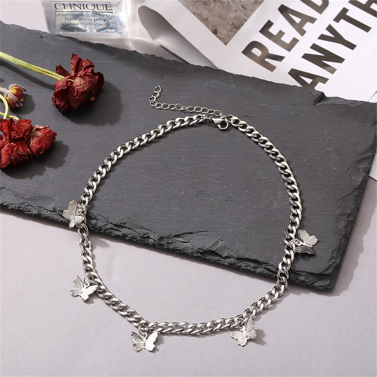 Silver-Plated Curb Chain Butterfly Station Choker Necklace