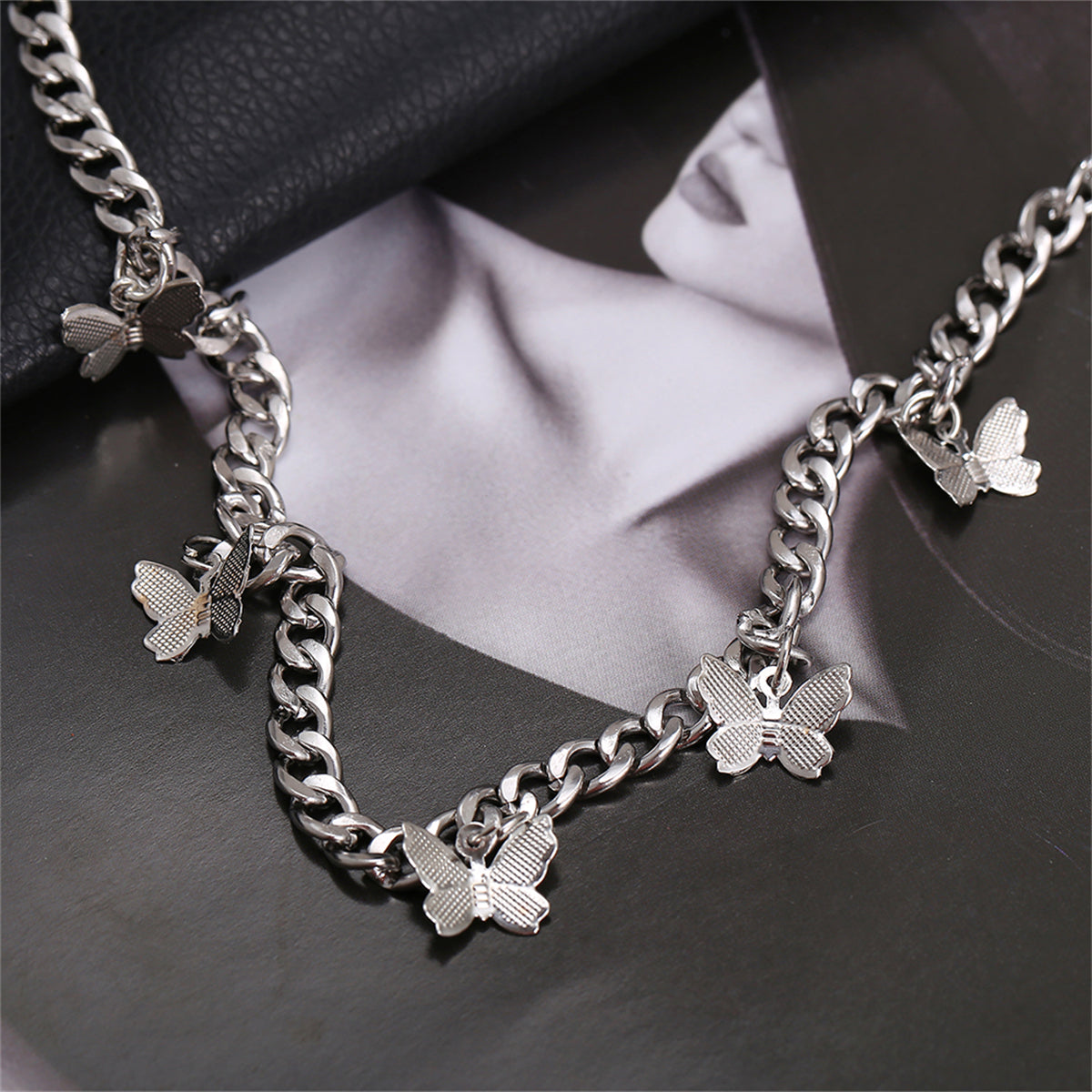 Silver-Plated Curb Chain Butterfly Station Choker Necklace