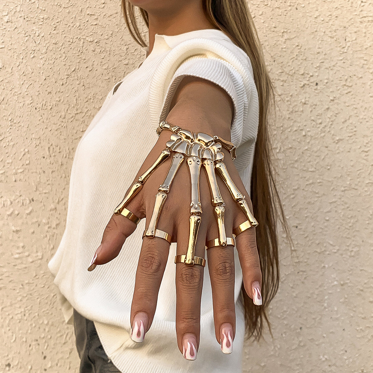 18K Gold-Plated Skeleton Hand Wrist-To-Ring Bracelet