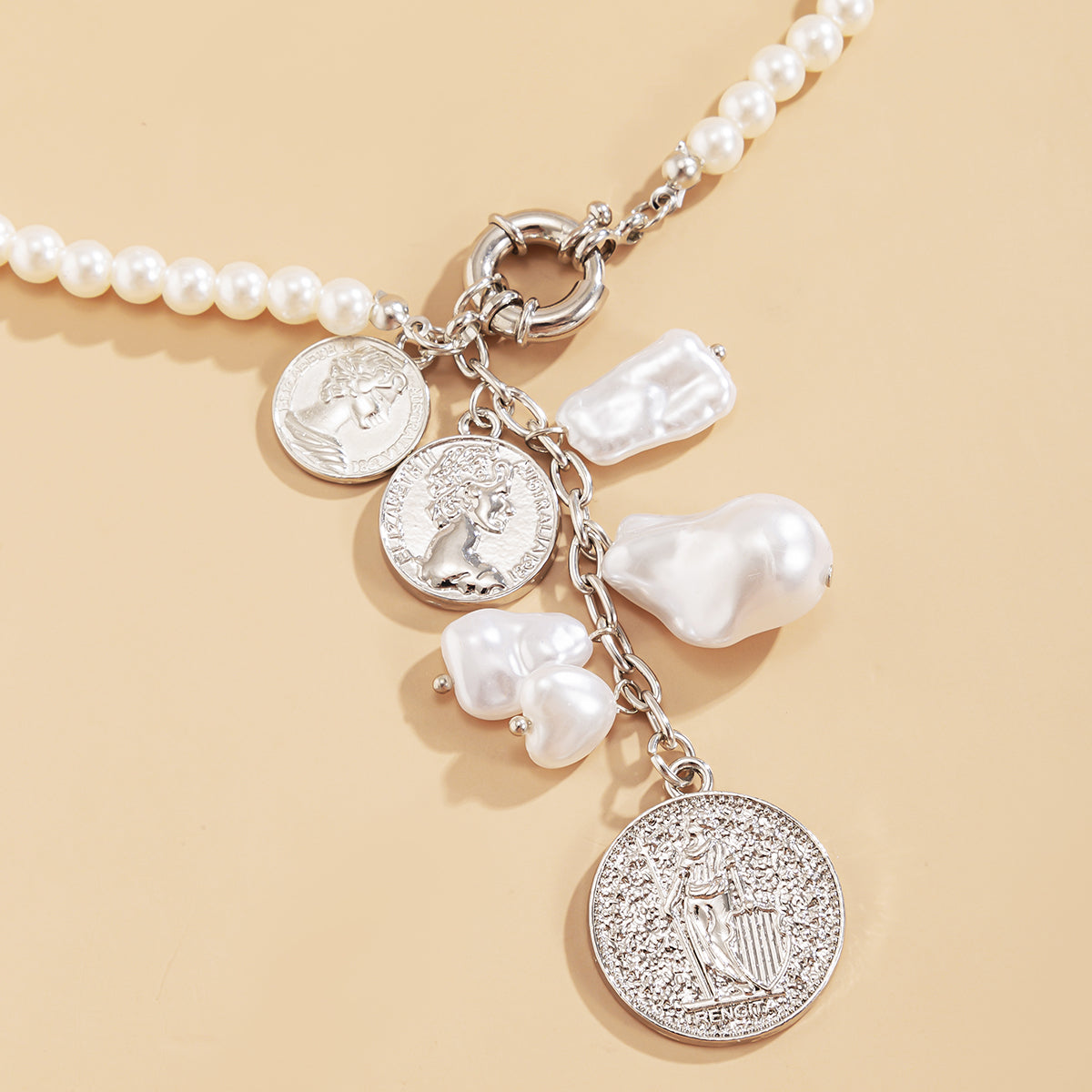 Pearl & Silver-Plated Coin Drop Necklace