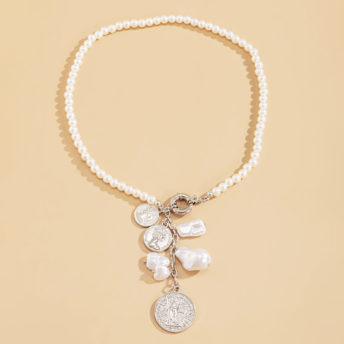 Pearl & Silver-Plated Coin Drop Necklace