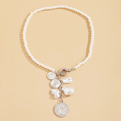 Pearl & Silver-Plated Coin Drop Necklace