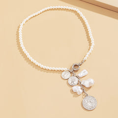 Pearl & Silver-Plated Coin Drop Necklace