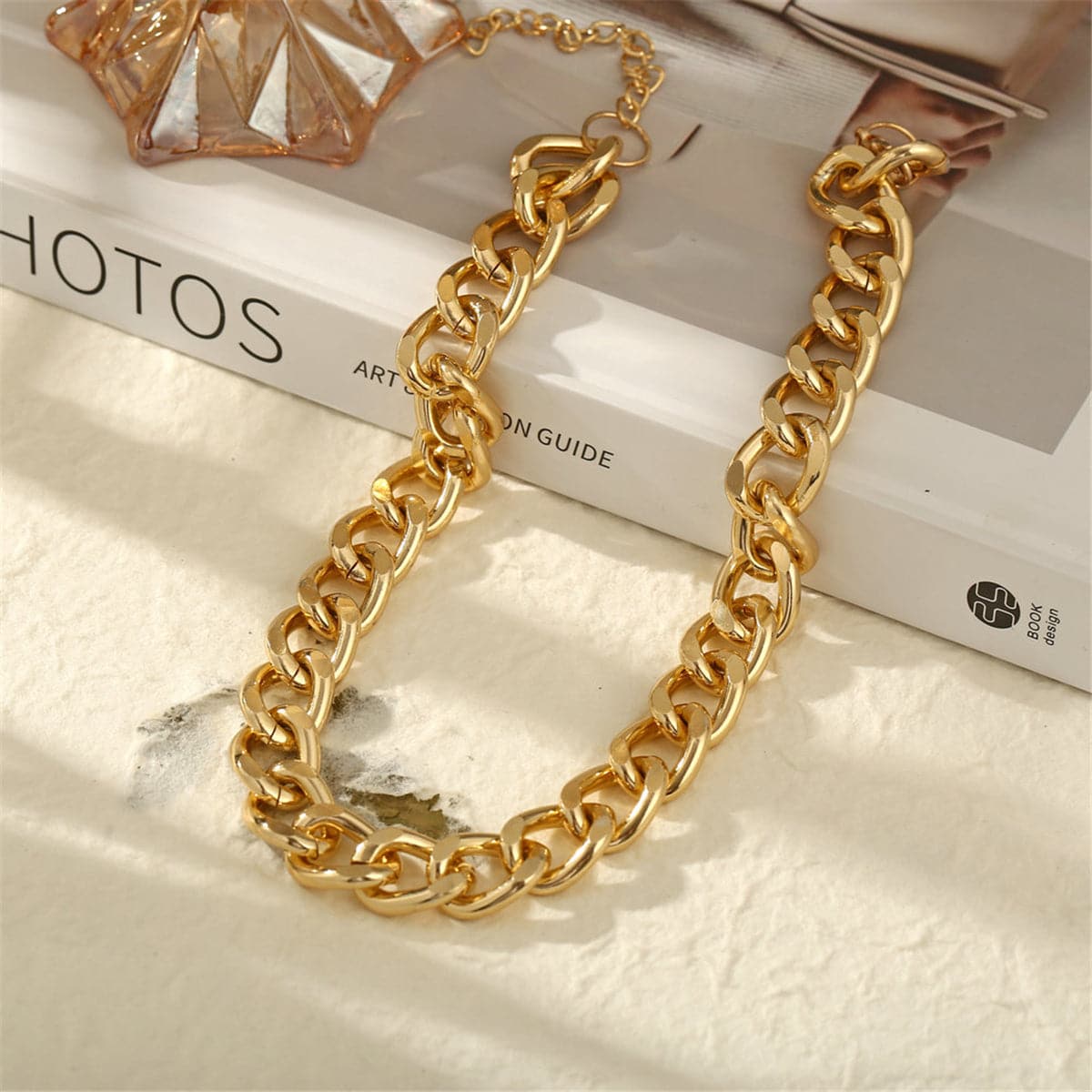 Elegant 18K gold-plated chunky curb chain necklace with a striking large link, perfect for any fashion-forward look.