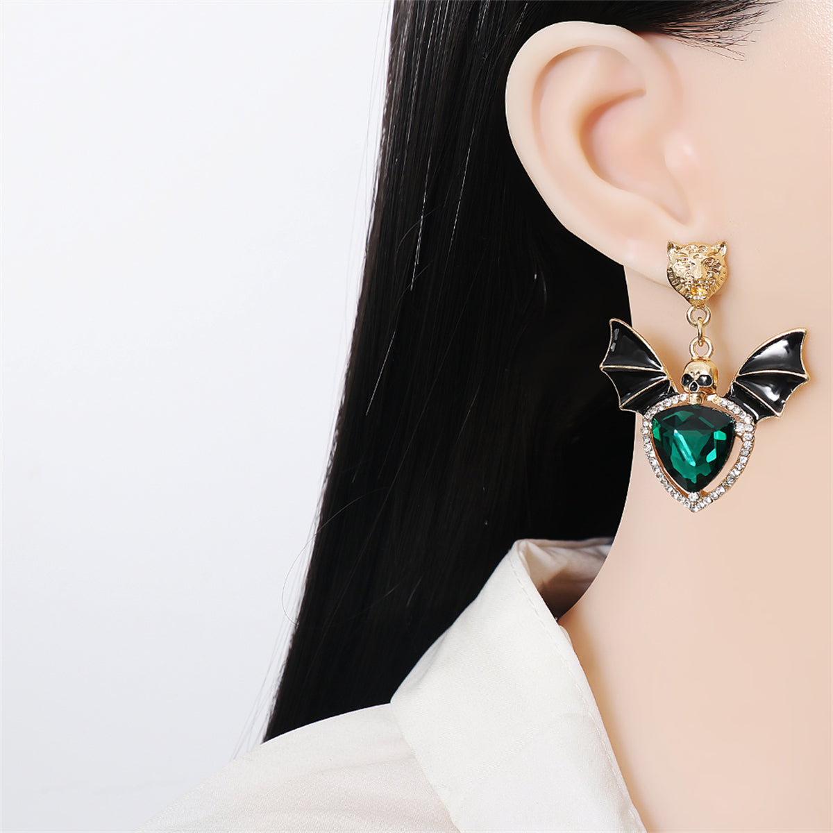 Green Crystal & Cubic Zirconia Skull Bat Drop Earrings