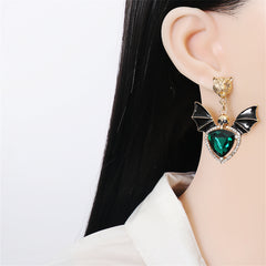 Green Crystal & Cubic Zirconia Skull Bat Drop Earrings