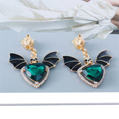 Green Crystal & Cubic Zirconia Skull Bat Drop Earrings