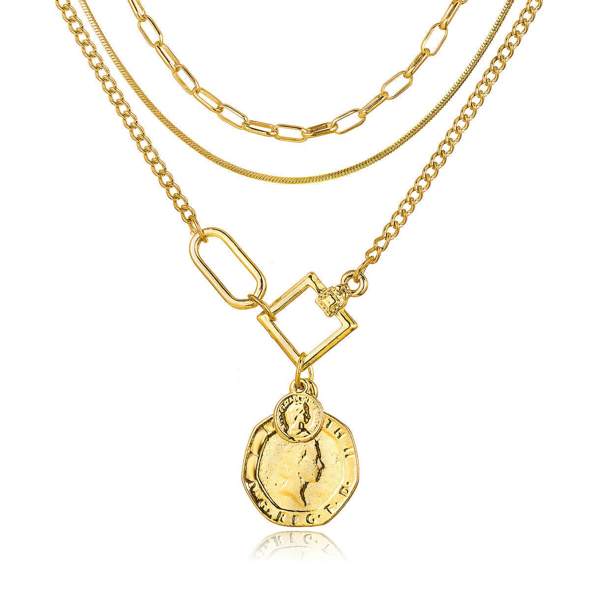 18K gold-plated layer necklace adorned with a chic coin charm, adding a touch of sophistication to your jewelry collection.