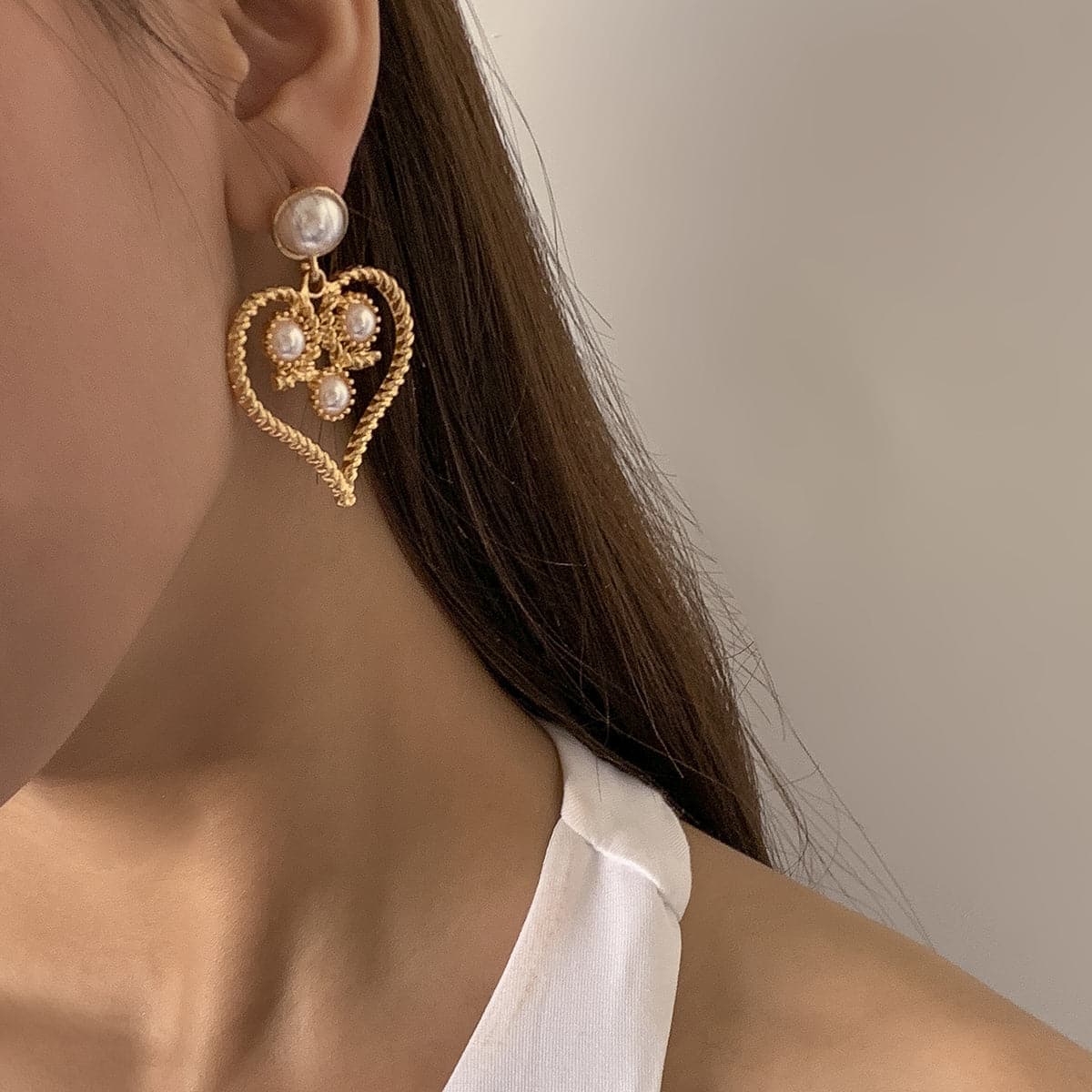 Pearl & 18K Gold-Plated Openwork Twist Heart Drop Earrings