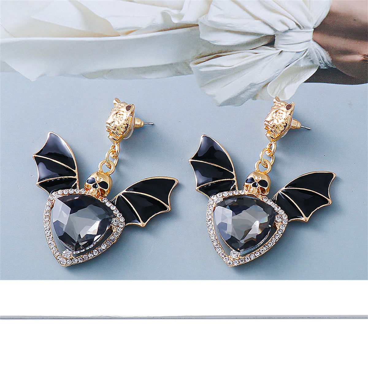 Green Crystal & Cubic Zirconia Skull Bat Drop Earrings