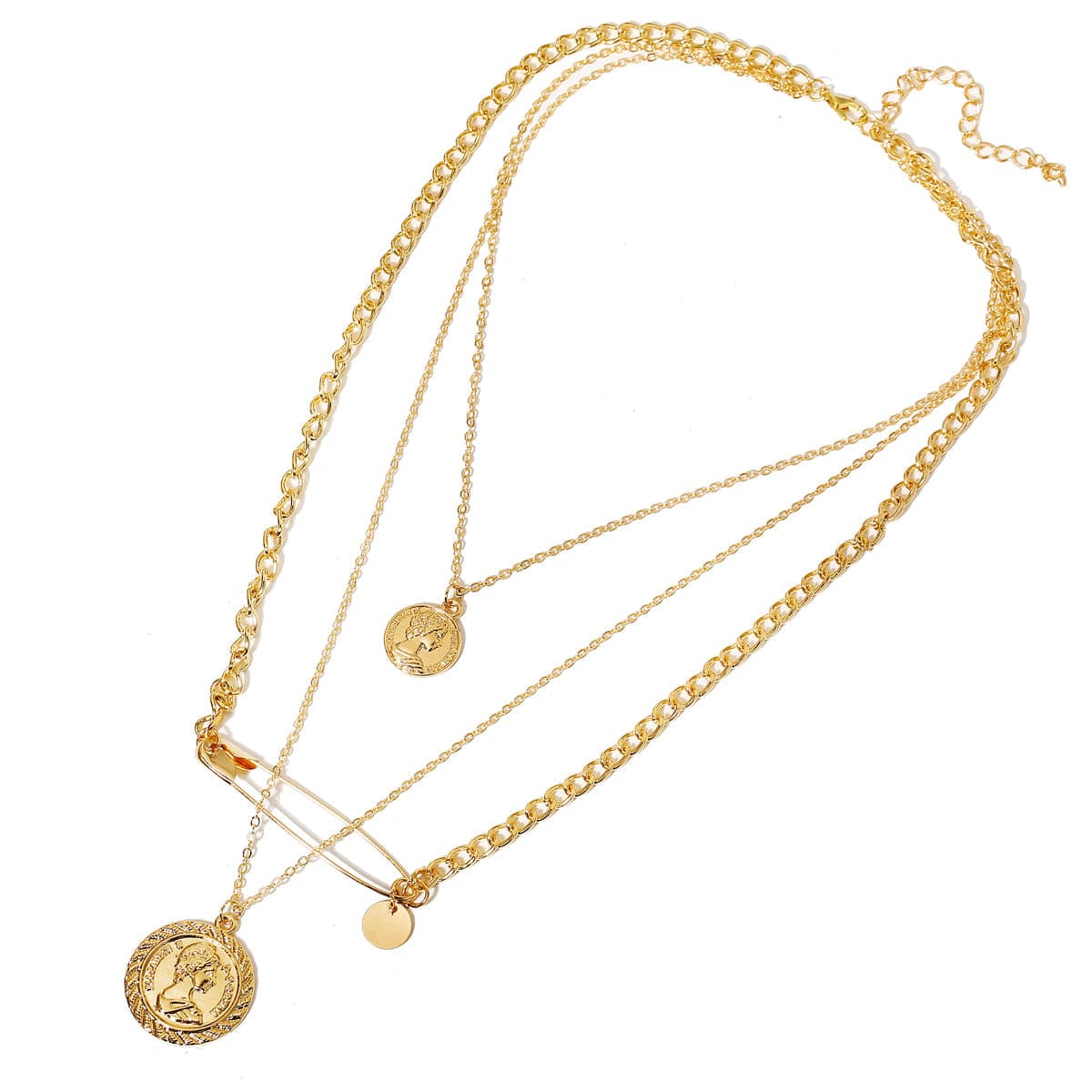 18K Gold-Plated Coin & Safety Pin Pendant Layer Necklace