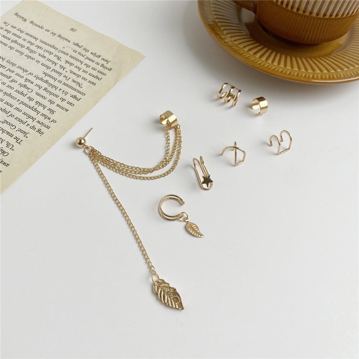 18K Gold-Plated Leaf Star Cuff Earring Set