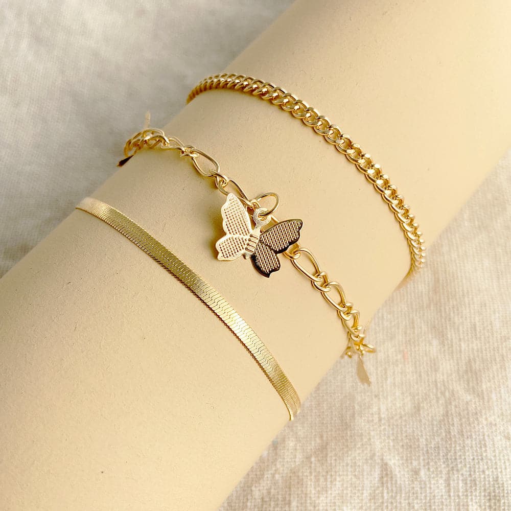 18K Gold-Plated Butterfly Charm Bracelet Set