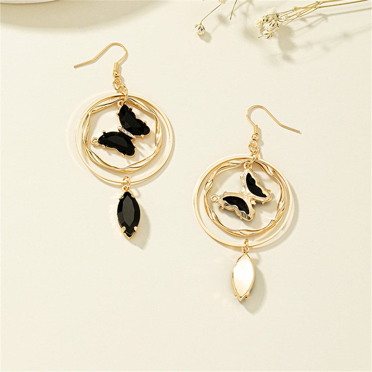 Black Crystal & Cubic Zirconia 18K Gold-Plated Butterfly Drop Earrings