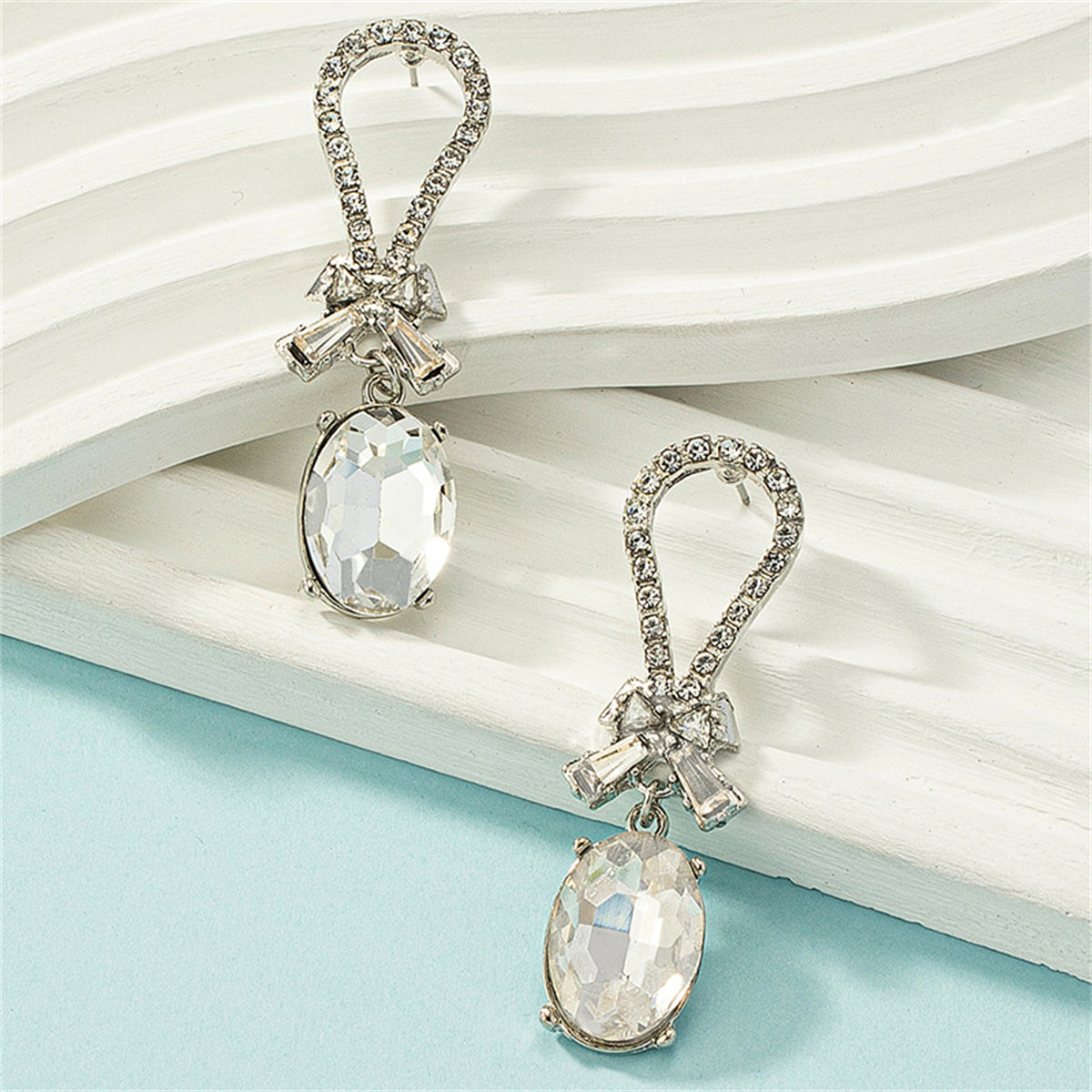 Crystal & Cubic Zirconia Silver-Plated Bow Oval Dangle Earring
