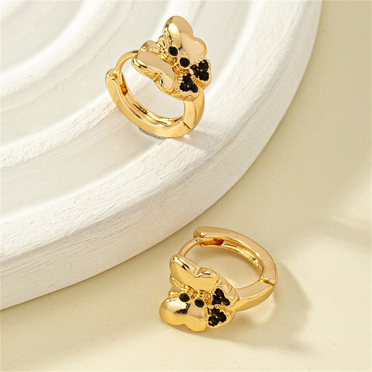 Black Cubic Zirconia & 18K Gold-Plated Butterfly Huggie Earrings