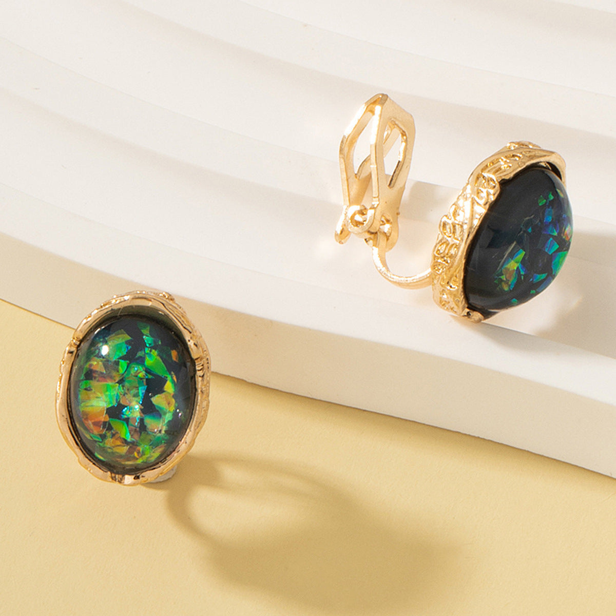 Green Resin & 18K Gold-Plated Oval Huggie Earrings