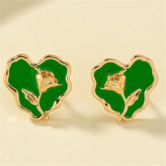 Green Enamel & 18K Gold-Plated Rose Heart Stud Earrings