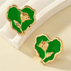 Green Enamel & 18K Gold-Plated Rose Heart Stud Earrings