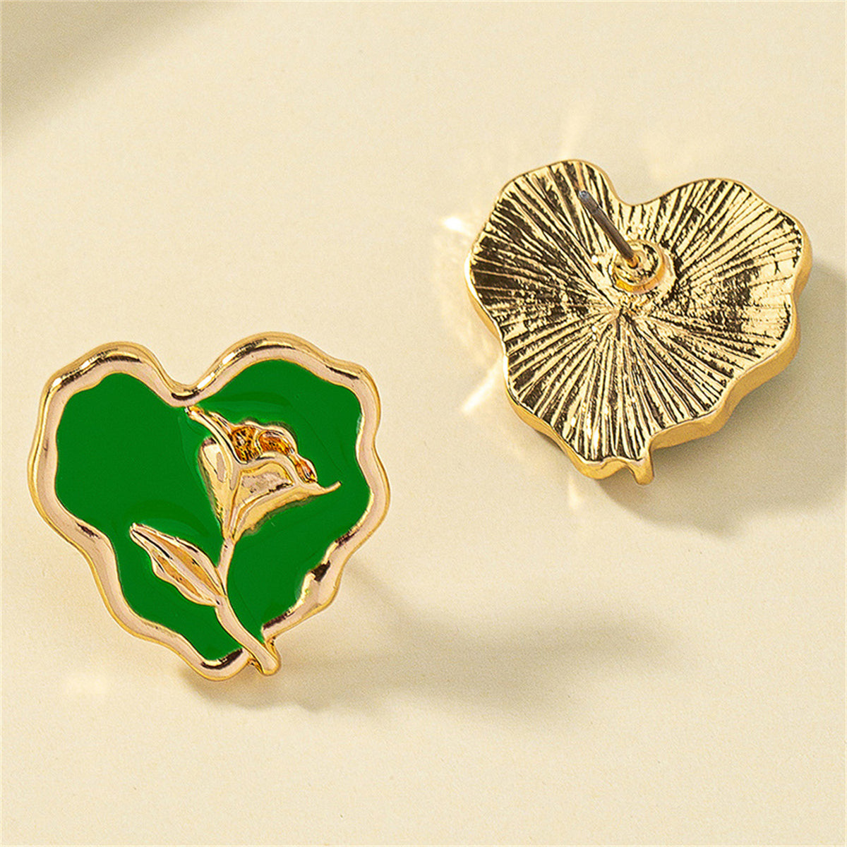 Green Enamel & 18K Gold-Plated Rose Heart Stud Earrings