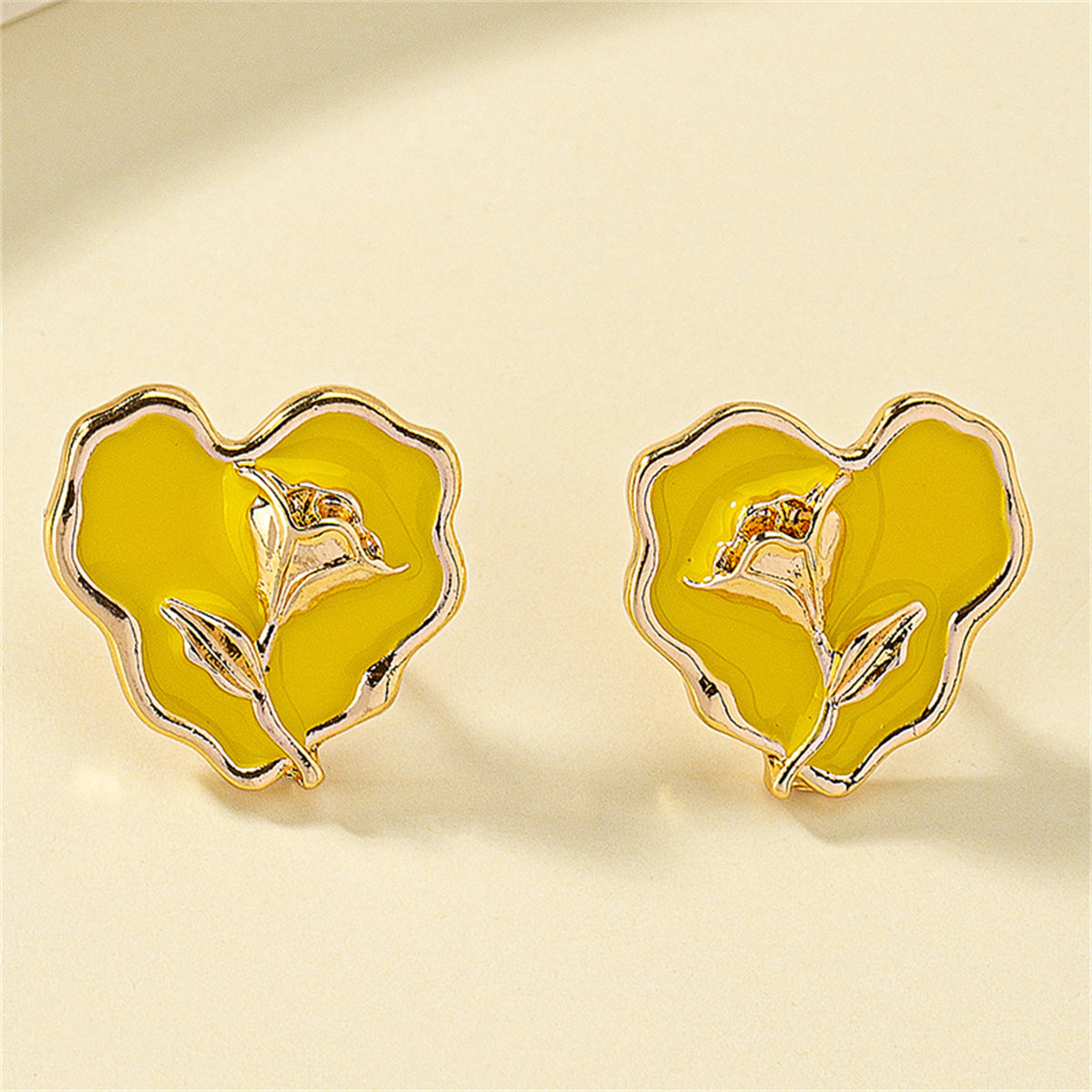 Yellow Enamel & 18K Gold-Plated Rose Heart Stud Earrings