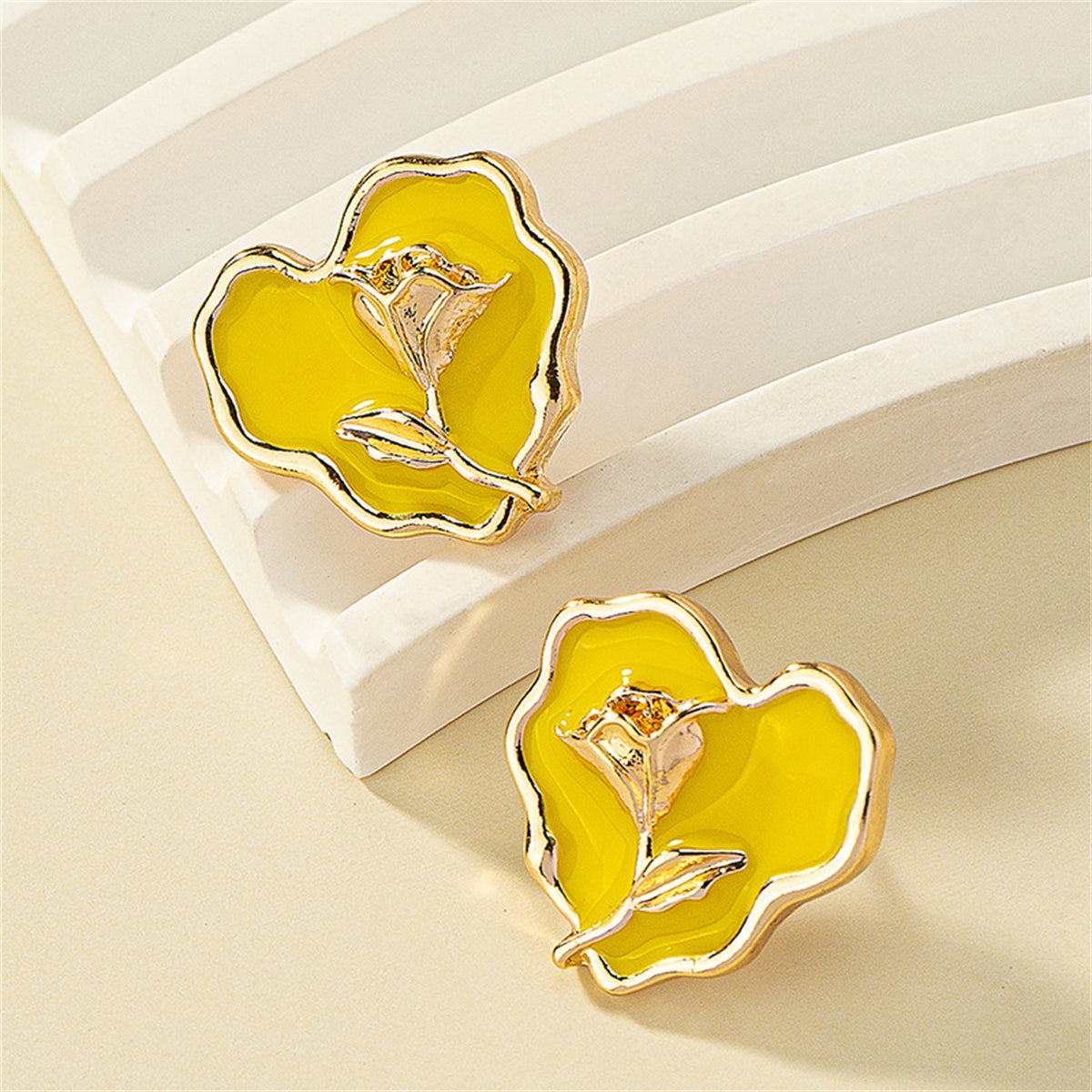 Yellow Enamel & 18K Gold-Plated Rose Heart Stud Earrings