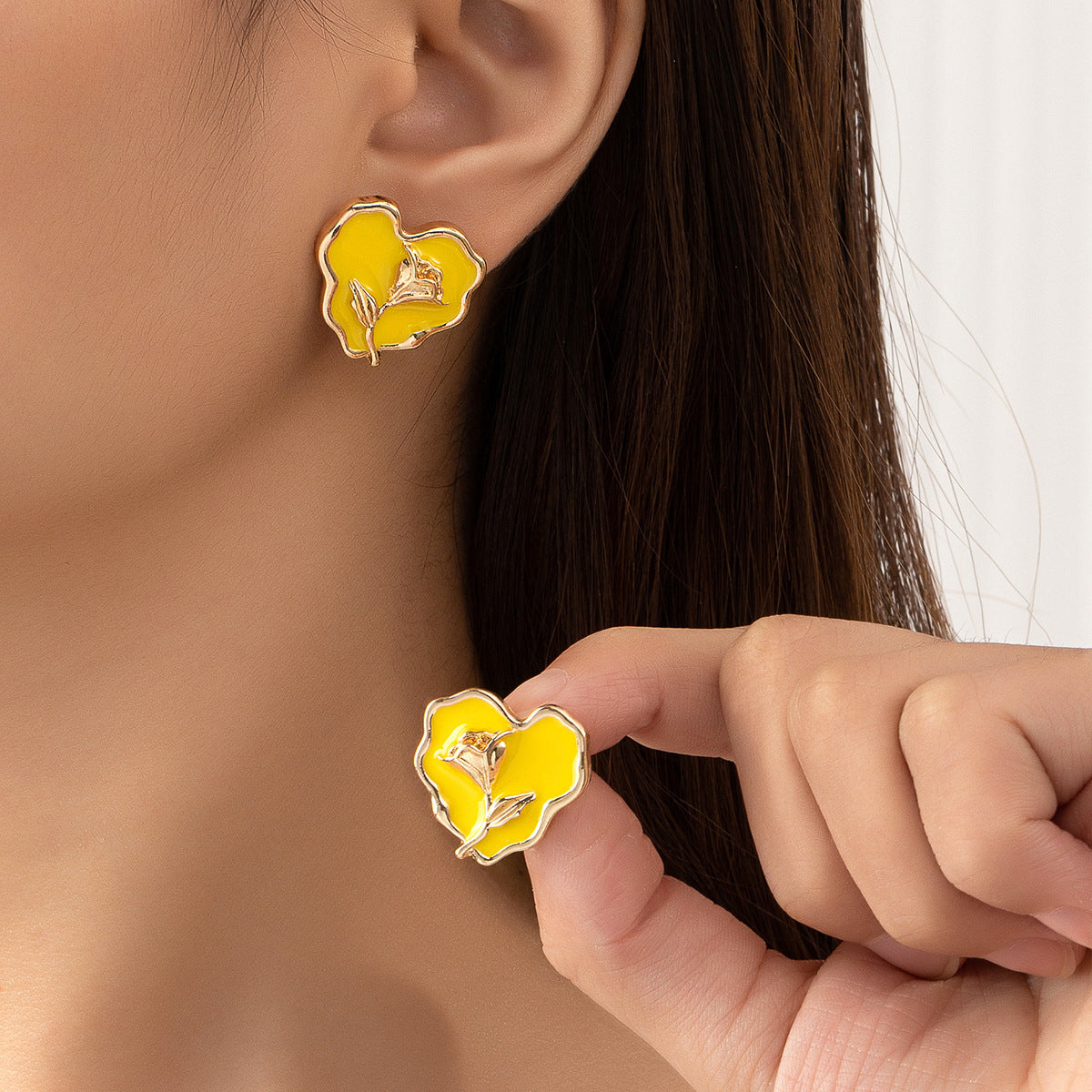 Yellow Enamel & 18K Gold-Plated Rose Heart Stud Earrings