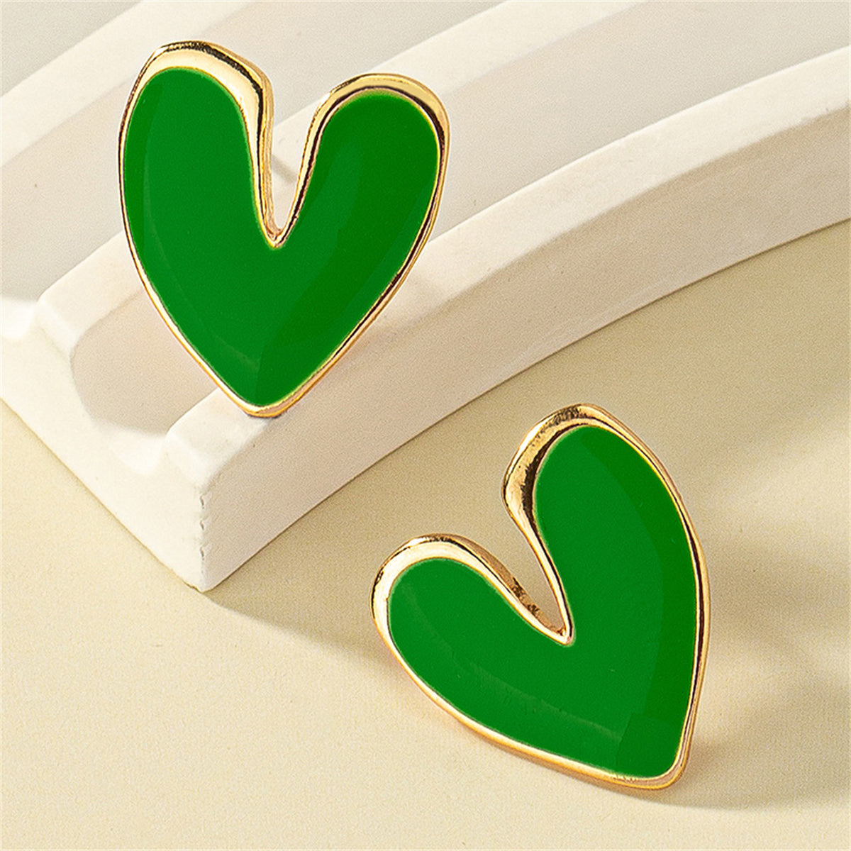 Green Enamel & 18K Gold-Plated Heart Stud Earrings