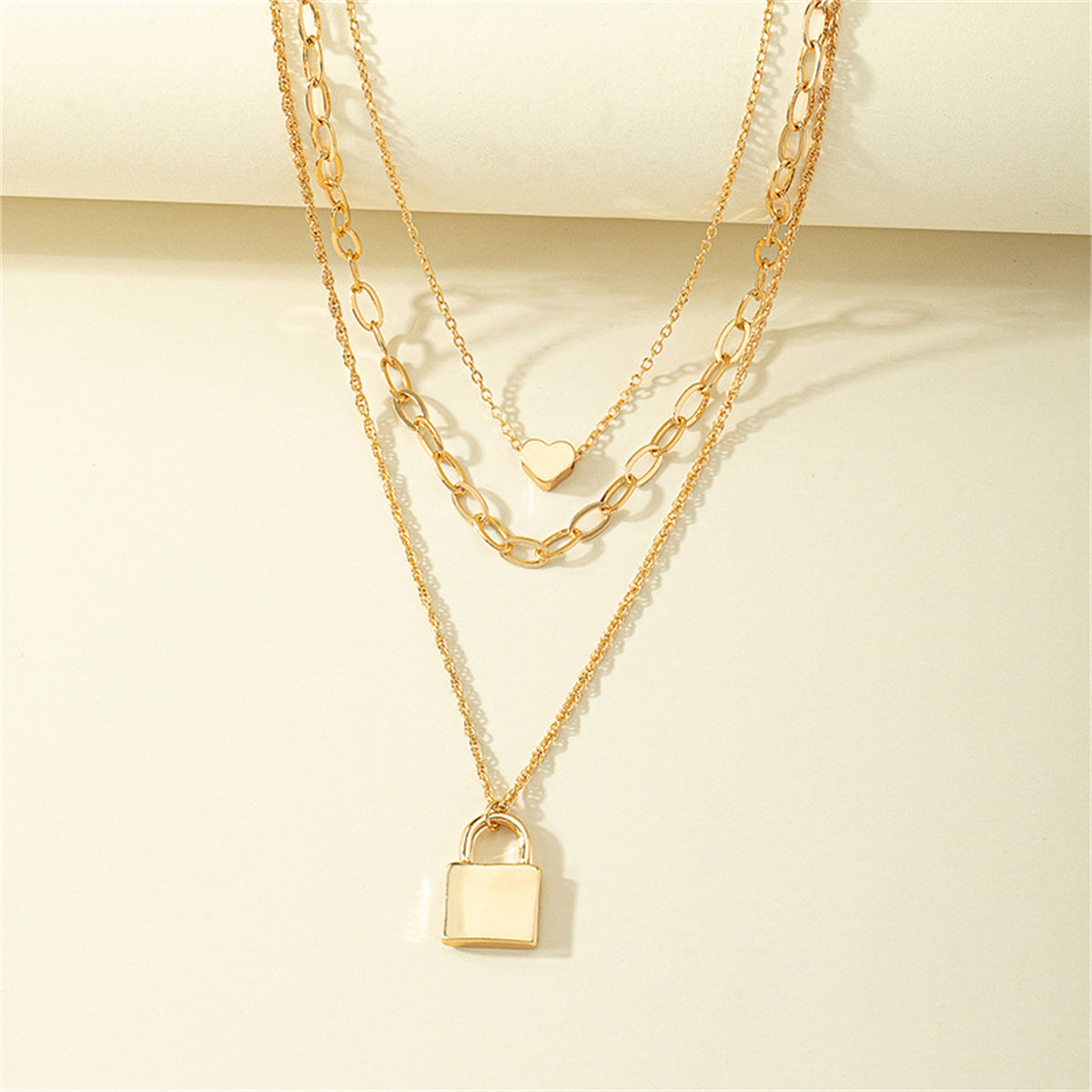 18K Gold-Plated Heart & Lock Layered Pendant Necklace